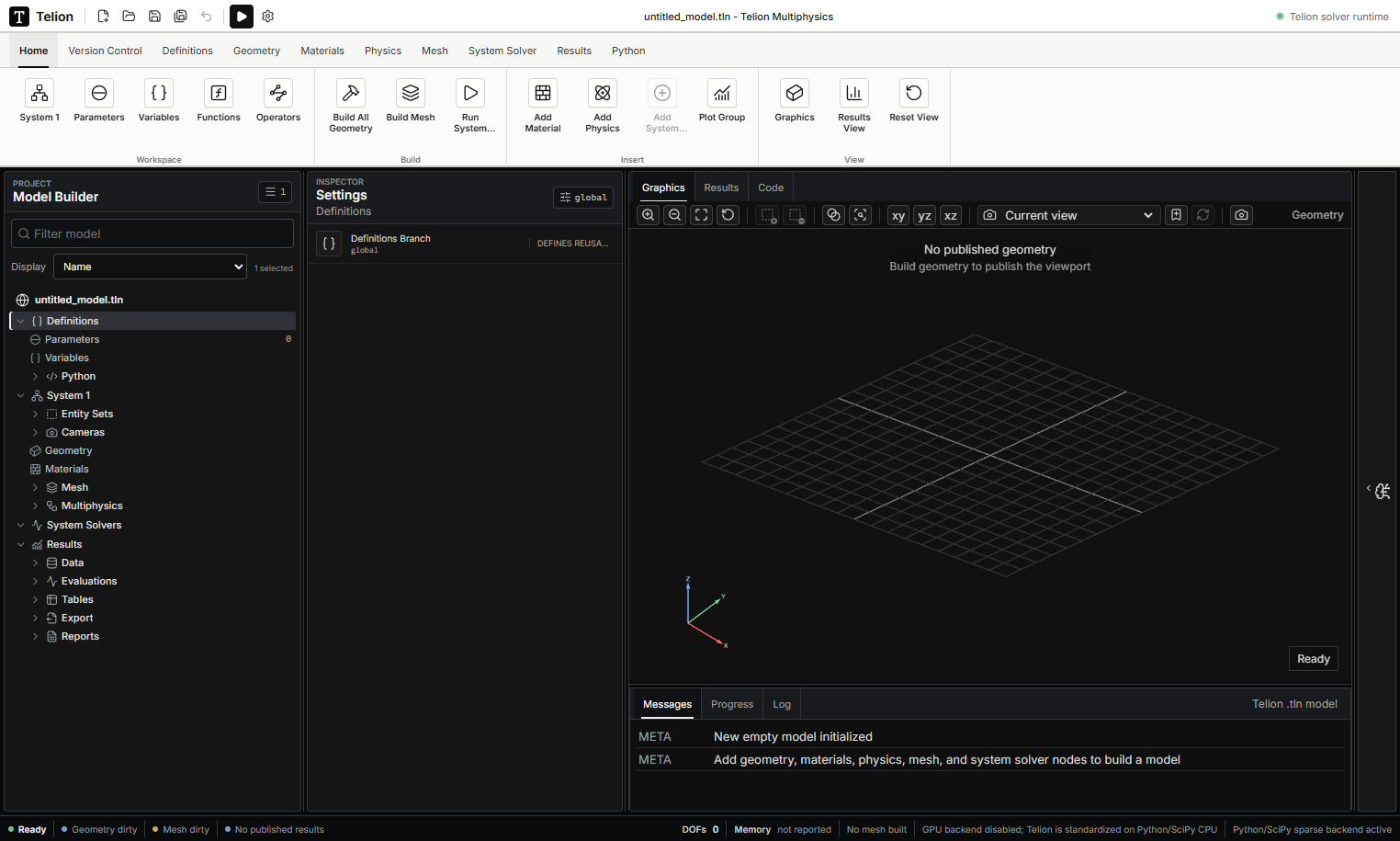 Figure 1. Verified Telion App 0.1.0 workbench with the model tree, scientific viewport, and workspace ribbon visible. Telion 0.1.0 workbench showing the model tree, scientific viewport, and ribbon